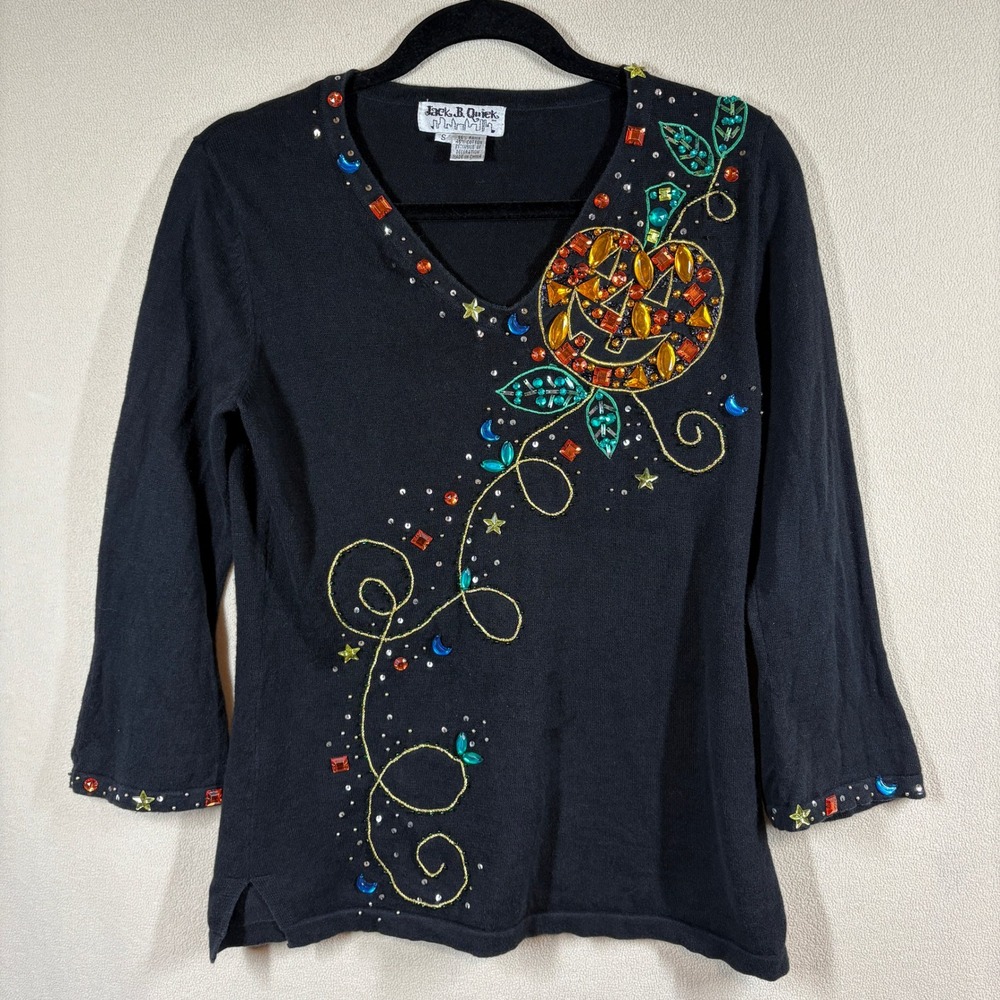 Jack B Quick Halloween Sweater Top Black Beaded Pumpkin Stars Moon Women Small